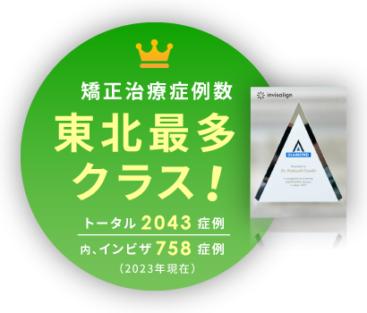 矯正治療症例数 東北最多クラス トータル2043症例内、インビザ758症例（2023年現在）